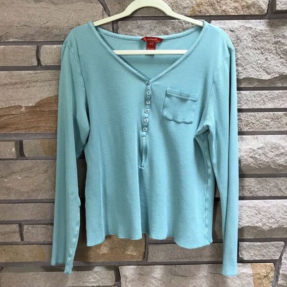 Sundance Waffle Knit Thermal Pocket Henley Long Sleeve Top Large Mint Green - Picture 1 of 6